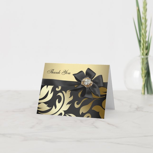Gold Diamonds Black Damask Thank You Cards (Front)