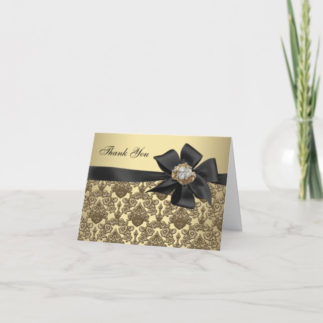 Gold Diamonds Black Damask Thank You Cards (Front)