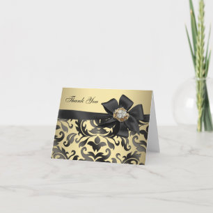 Gold Diamonds Black Damask Thank You Cards