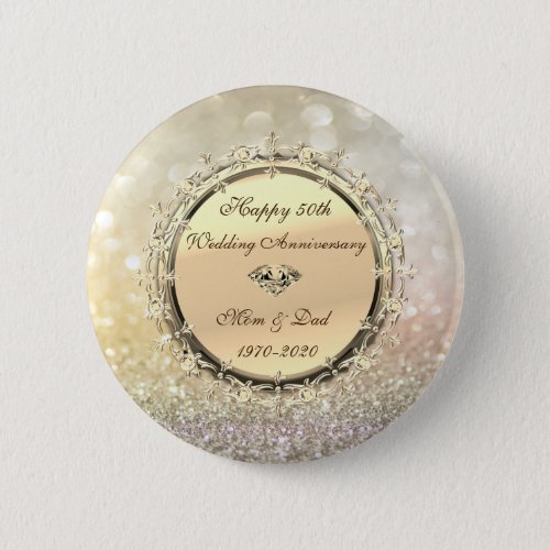 Gold Diamonds Bokeh  50th Wedding Anniversary Button