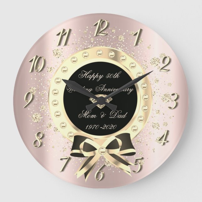 Gold Diamonds Bow Confetti Rose Gold Anniversary Large Clock (Front)