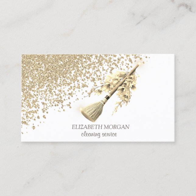 Gold Diamonds Broom Flowers Maid Cleaning House Business Card (Front)