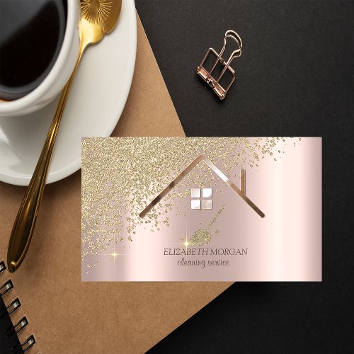 Gold Diamonds Broom Maid Cleaning House  Rose Gold Business Card