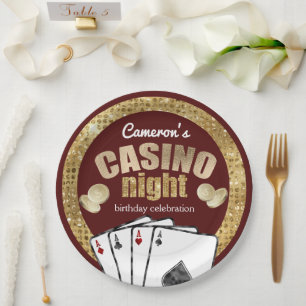 Gold Diamonds Burgundy Casino Night Party Paper Plates