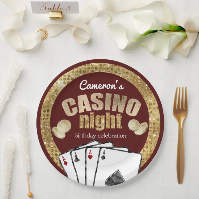 Gold Diamonds Burgundy Casino Night Party Paper Plates (Wedding)