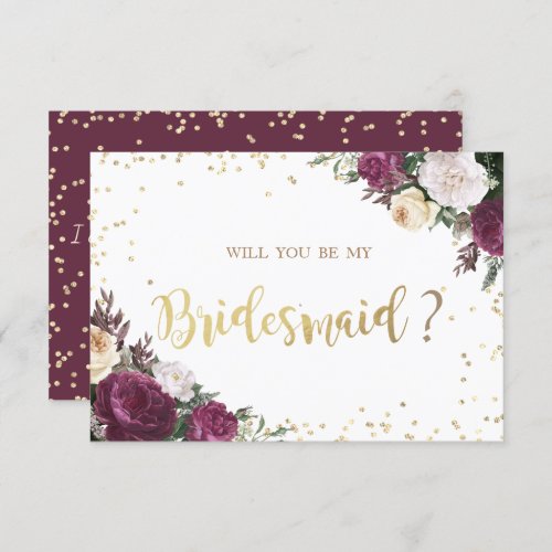 Gold Diamonds Burgundy Floral Bridesmaid Card