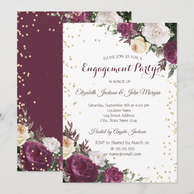 Gold Diamonds Burgundy Floral Engagement Invitation (Front/Back)