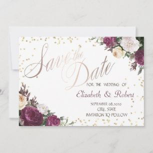 Gold Diamonds Burgundy Floral  Save The Date