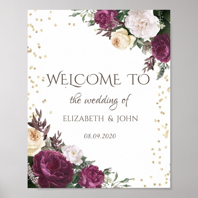 Gold Diamonds Burgundy Floral Save The Date Poster (Front)