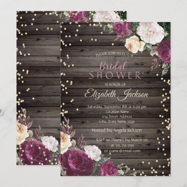 Gold Diamonds Burgundy Floral Wood Bridal Shower  Invitation (Front/Back)