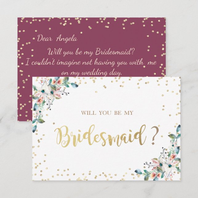 Gold Diamonds Burgundy Flowers  Bridesmaid Card (Front/Back)