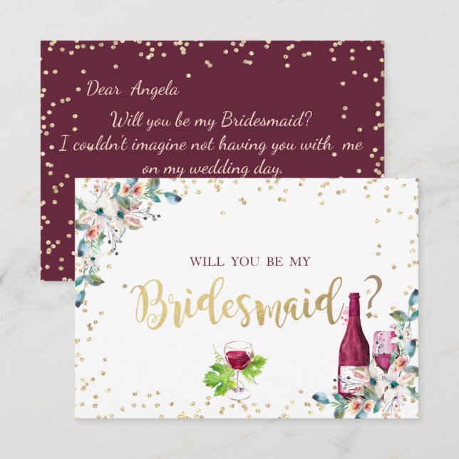 Gold Diamonds Burgundy Flowers  Bridesmaid Card (Front/Back)