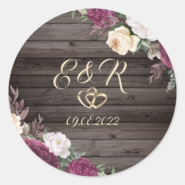 Gold Diamonds Burgundy Flowers Hearts Wood Classic Round Sticker (Front)