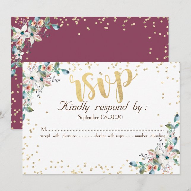 Gold Diamonds Burgundy Flowers  RSVP Invitation (Front/Back)