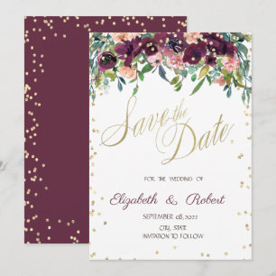 Gold Diamonds Burgundy Flowers Save The Date