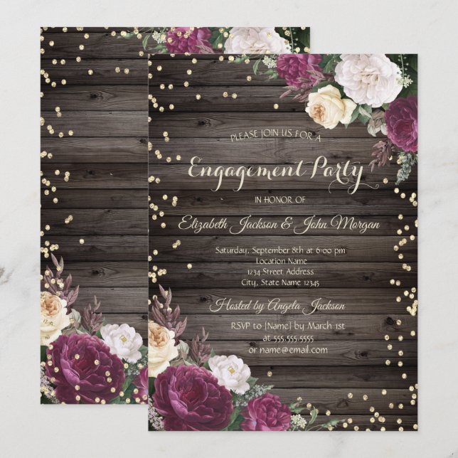 Gold Diamonds Burgundy Flowers Wood Invitation (Front/Back)