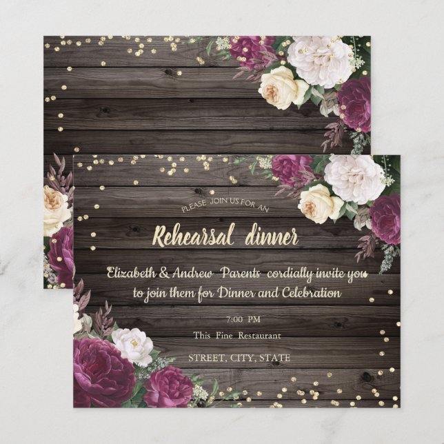 Gold Diamonds Burgundy Flowers Wood Rehearsal  Inv Invitation (Front/Back)