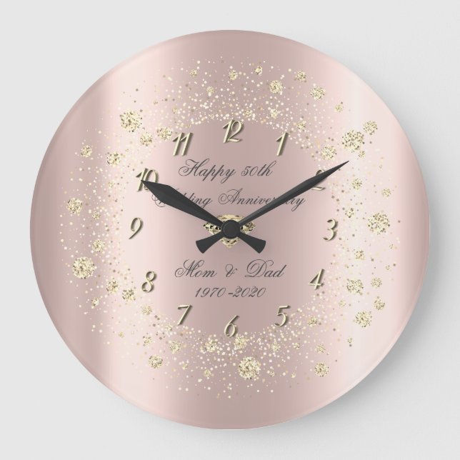 Gold Diamonds Confetti Rose Gold Anniversary Large Clock (Front)