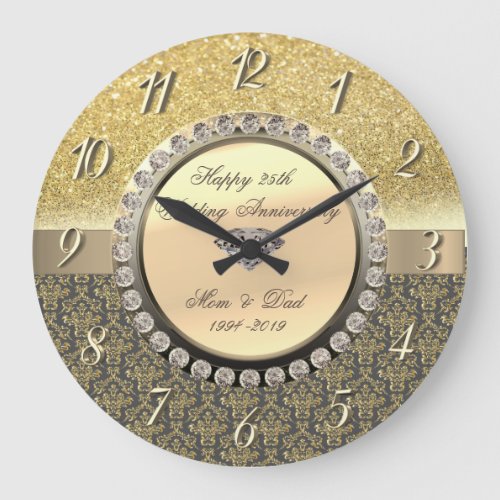 Gold Diamonds Damask  25th Wedding Anniversary Large Clock