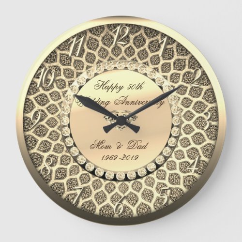 Gold DiamondsDamask  25th Wedding Anniversary Large Clock