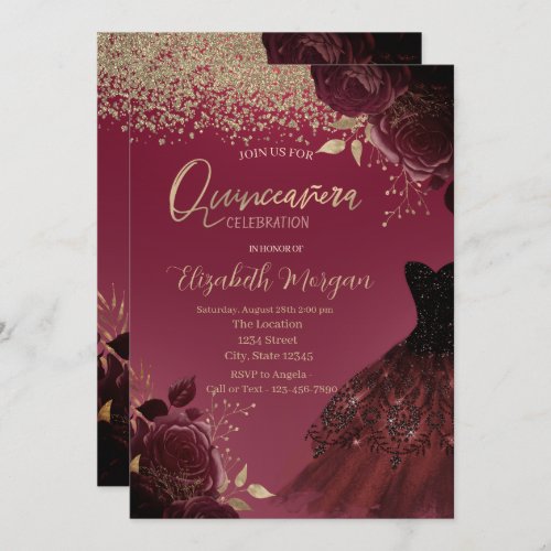 Gold DiamondsDressBurgundy Roses Quinceanera  Invitation