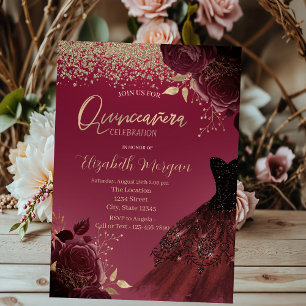 Gold Diamonds,Dress,Burgundy Roses Quinceanera Invitation