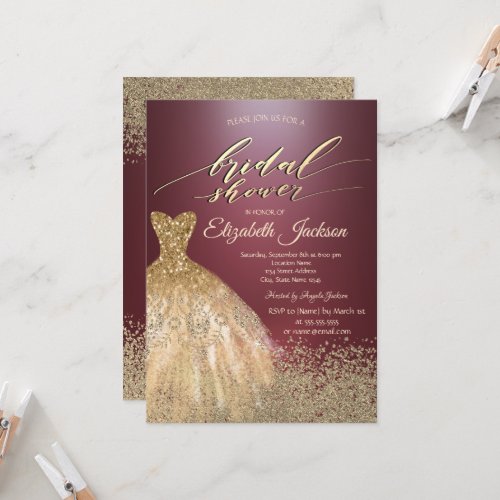 Gold Diamonds Dress Dark Burgundy Bridal Shower Invitation