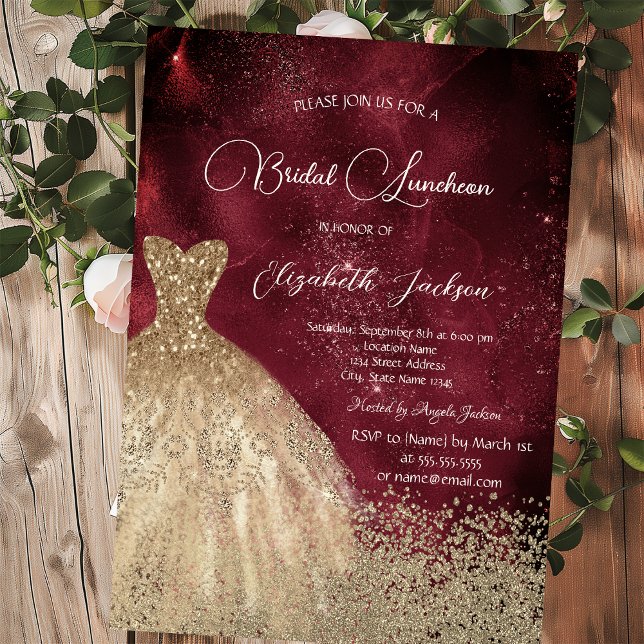Gold Diamonds Dress Dark Red Bridal Luncheon Invitation (Creator Uploaded)