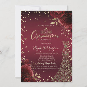 Gold Diamonds Dress Dark Red Roses Quinceañera Invitation