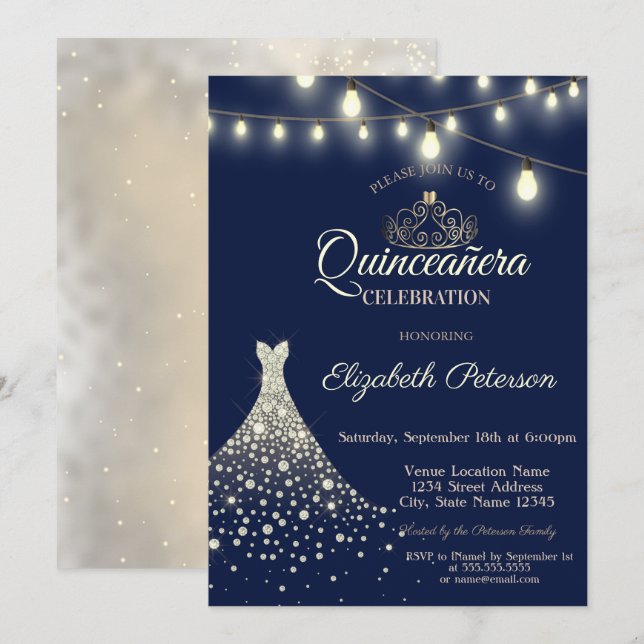 Gold Diamonds Dress Quinceañera Invitation (Front/Back)