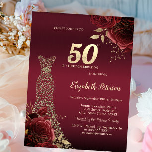 Gold Diamonds Dress Red Roses 50th Birthday Invitation