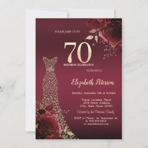 Gold Diamonds Dress Red Roses 70th Birthday Invitation