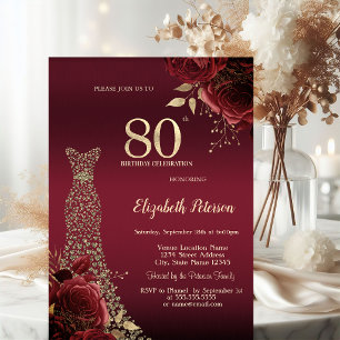 Gold Diamonds Dress Red Roses 80th Birthday Invitation