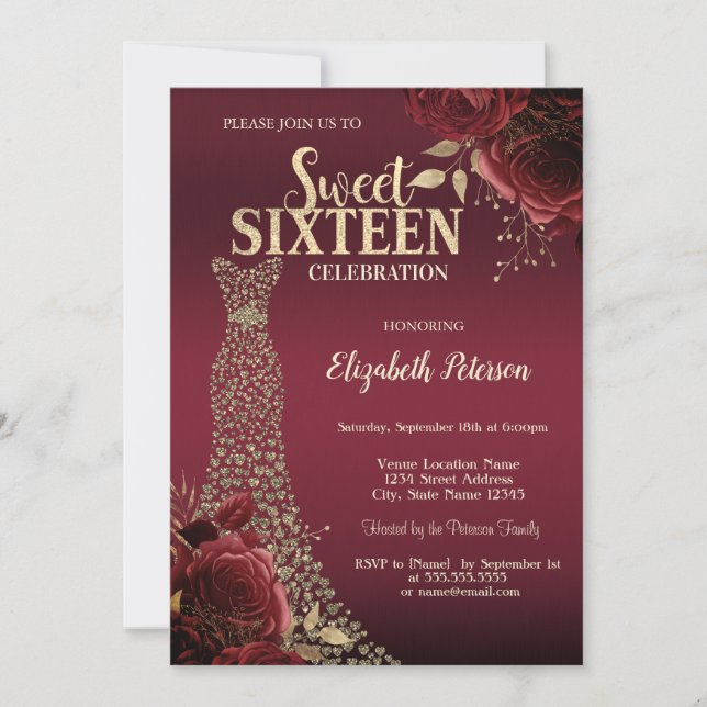 Gold Diamonds Dress Red Roses Sweet 16  Invitation (Front)
