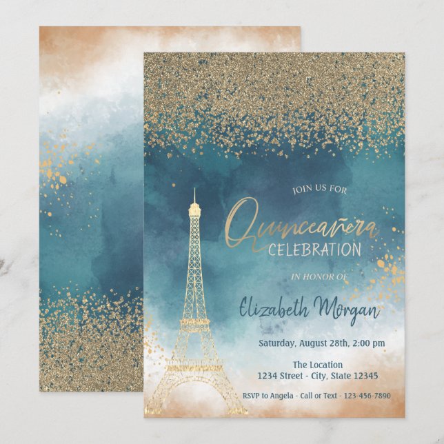 Gold Diamonds,Eiffel Tower Paint SplashQuinceanera Invitation (Front/Back)