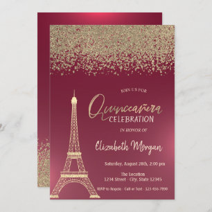 Gold Diamonds,Eiffel Tower Red Quinceanera Invitation