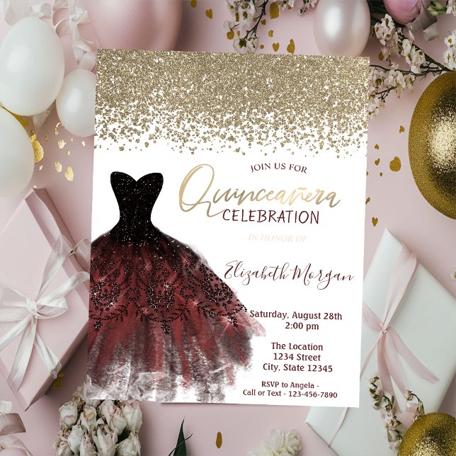 Gold Diamonds,Elegant Burgundy Dress Quinceañera Invitation (Creator Uploaded)