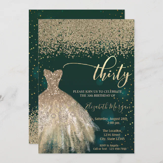 Gold Diamonds,Elegant Dress Green 30th Birthday Invitation | Zazzle