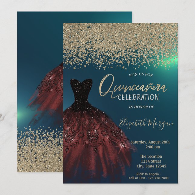 Gold Diamonds,Elegant Dress Green Quinceanera Invitation (Front/Back)