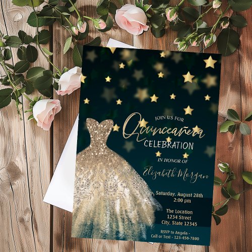 Gold DiamondsElegant Dress Stars Quinceaera Invitation