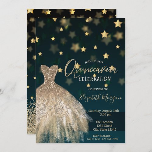 Gold DiamondsElegant Dress Stars Quinceaera Invitation