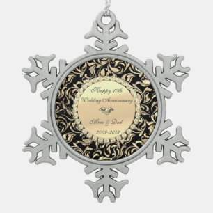 Gold Diamonds Floral 10th Wedding Anniversary Snowflake Pewter Christmas Ornament