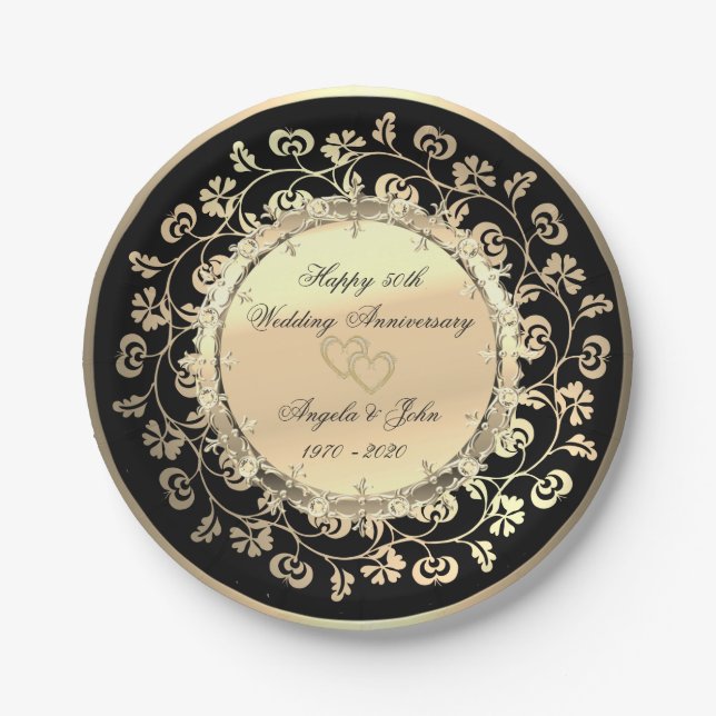 Gold Diamonds Floral 50th Wedding Anniversar Paper Plates (Front)