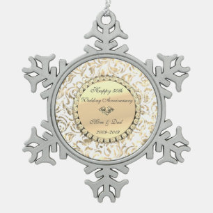 Gold Diamonds Floral 50th Wedding Anniversary Snowflake Pewter Christmas Ornament