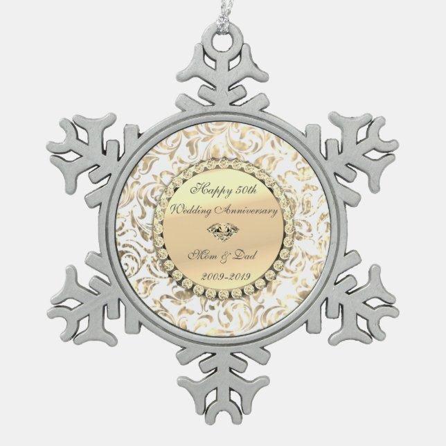 Gold Diamonds Floral  50th Wedding Anniversary Snowflake Pewter Christmas Ornament (Front)