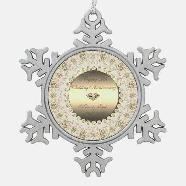 Gold Diamonds Floral 50th Wedding Anniversary Snowflake Pewter Christmas Ornament (Front)