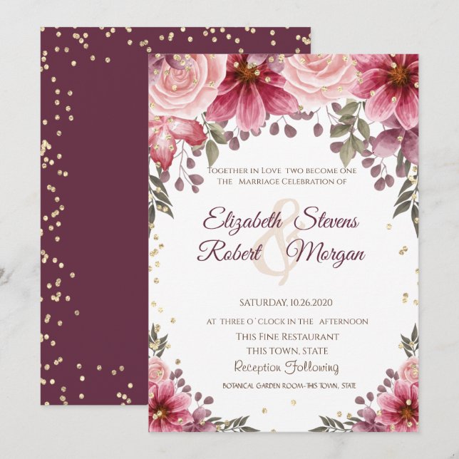 Gold Diamonds Floral Burgundy Wedding Invitation (Front/Back)