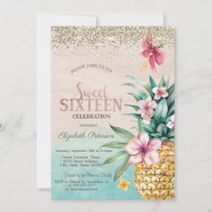 Gold Diamonds,Floral Pineapple Beach Sweet 16 Invitation