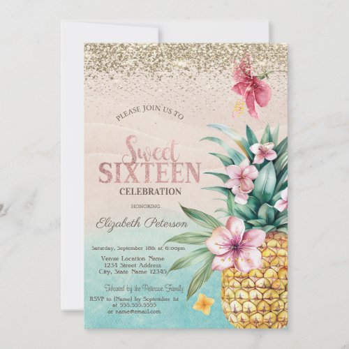 Gold DiamondsFloral Pineapple Beach Sweet 16 Invitation