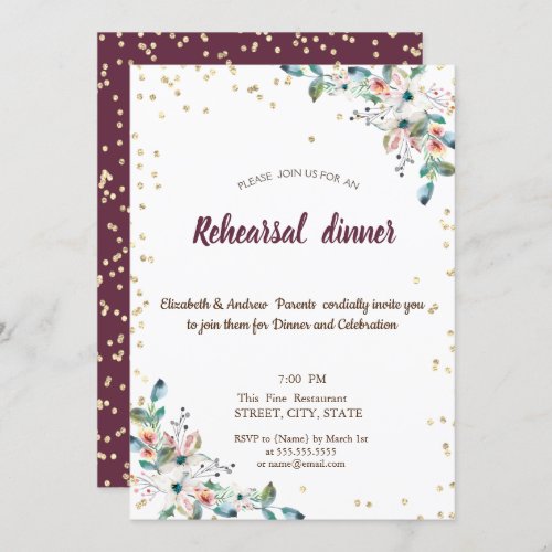 Gold Diamonds Flowers Burgundy Rehearsal Dinner Invitation